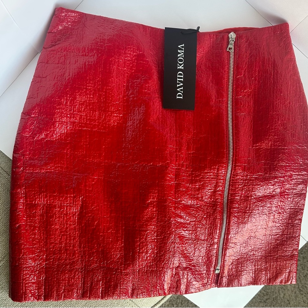 David Koma. Zip side Glossy Red Mini Pencil Skirt for Cocktail